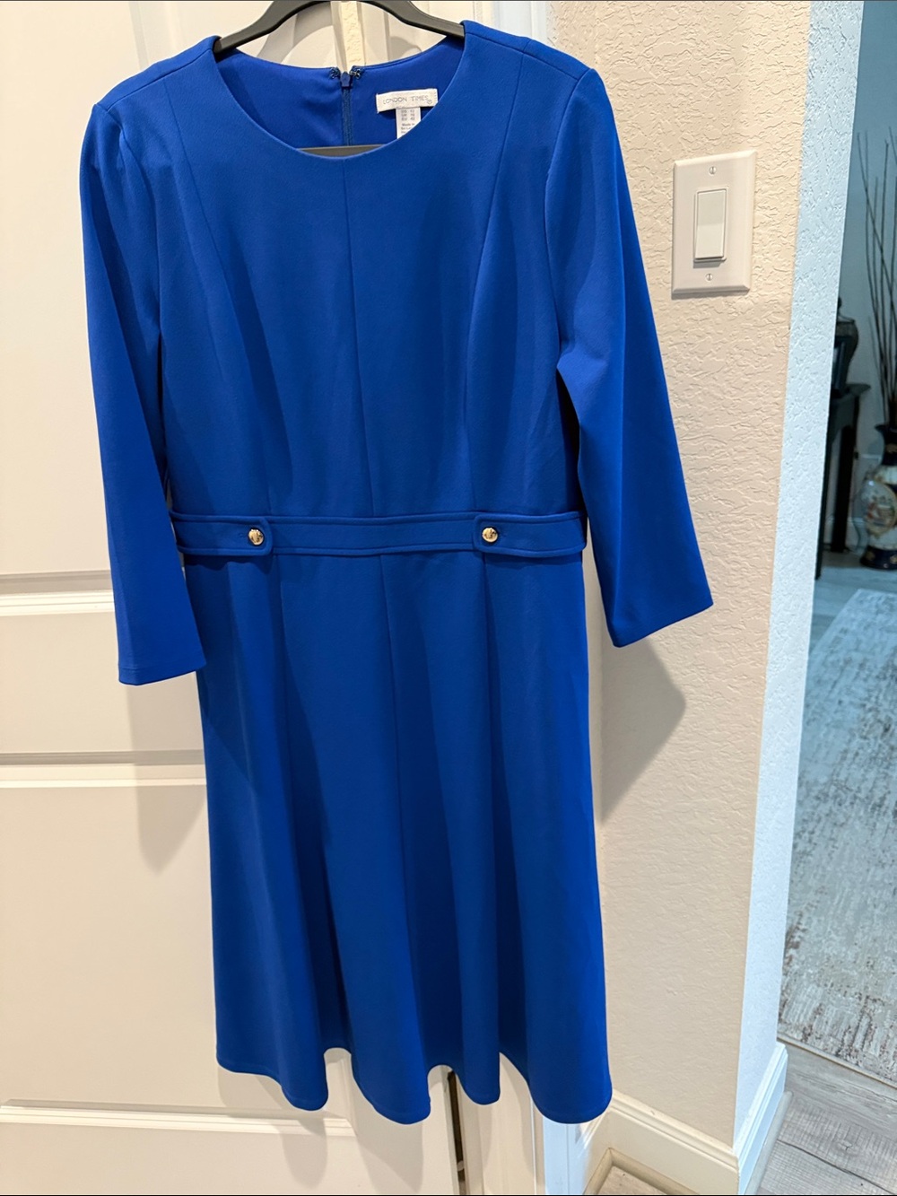 London Times Royal Blue Long Sleeve Sheath Dress with Gold Buttons